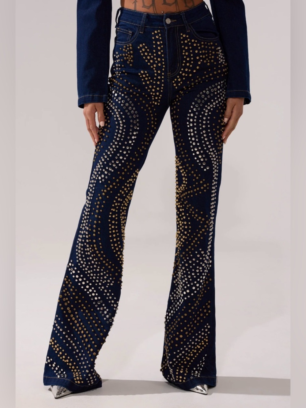 Akira Studded Cheyenne Navy Wide-Leg Studded Jeans - Women